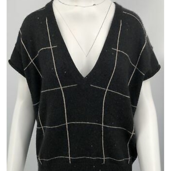 Brunello Cucinelli cashmere Cap Sleeve Embellished Windowpane Pullover Gray sz M